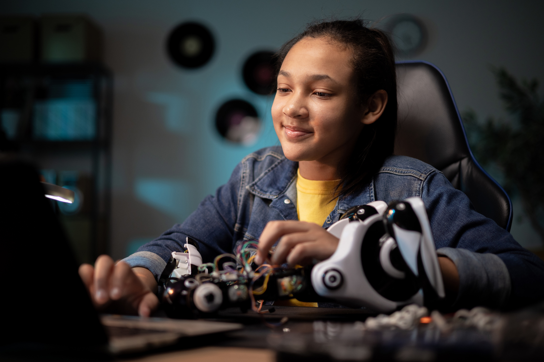 Una adolescente cerca app di coding al computer per riparare il suo robot
